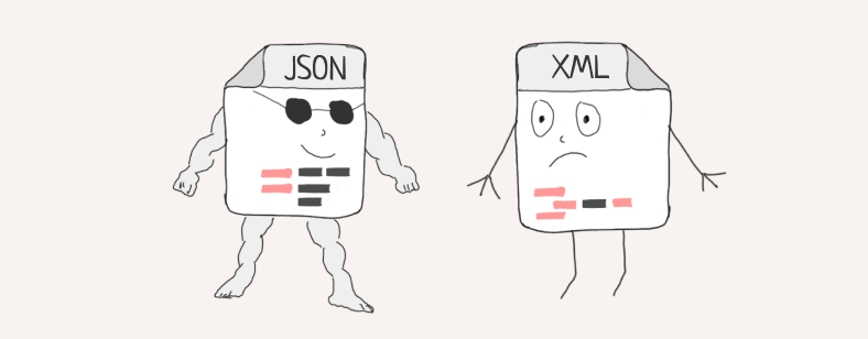 An illustration of two file formats, JSON and XML. They're both anthropomorphized, but JSON is buff and has sunglasses on while XML has a frown. 