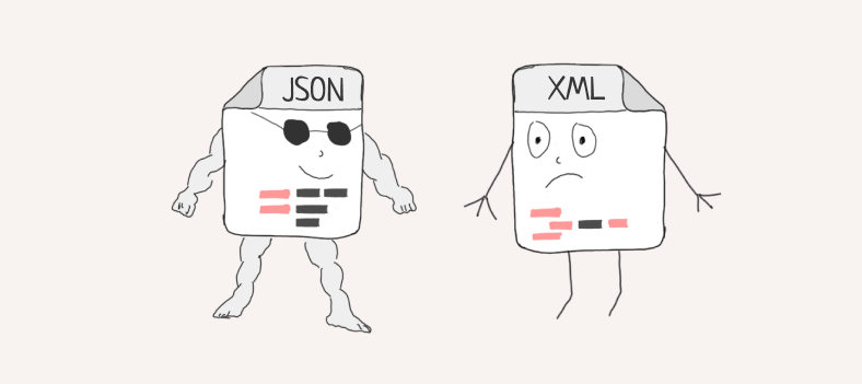 An illustration of two file formats, JSON and XML. They're both anthropomorphized, but JSON is buff while XML has a frown. 